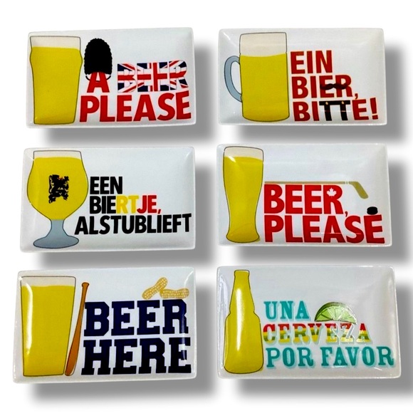 Crate & Barrel Around the World Beer Sampler Appetizer Plates in Tote Box - Picture 1 of 14